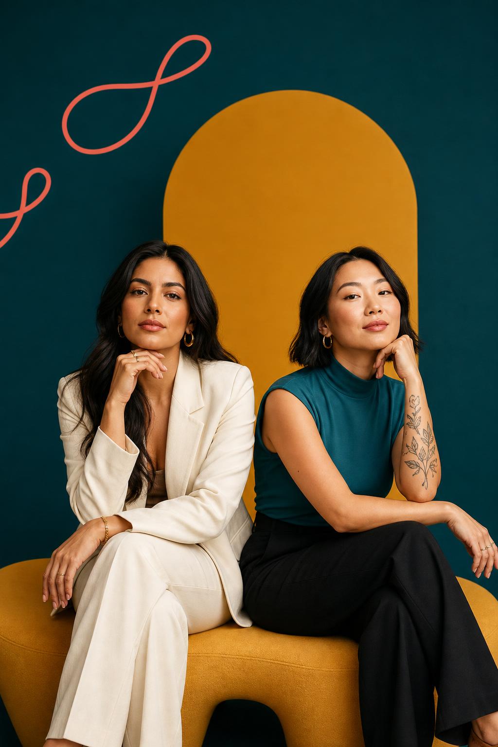 Two diverse women clinicians sharing genuine laughter — one with arm tattoos in a mustard knit, the other in cream — against a bold teal and coral color-block backdrop