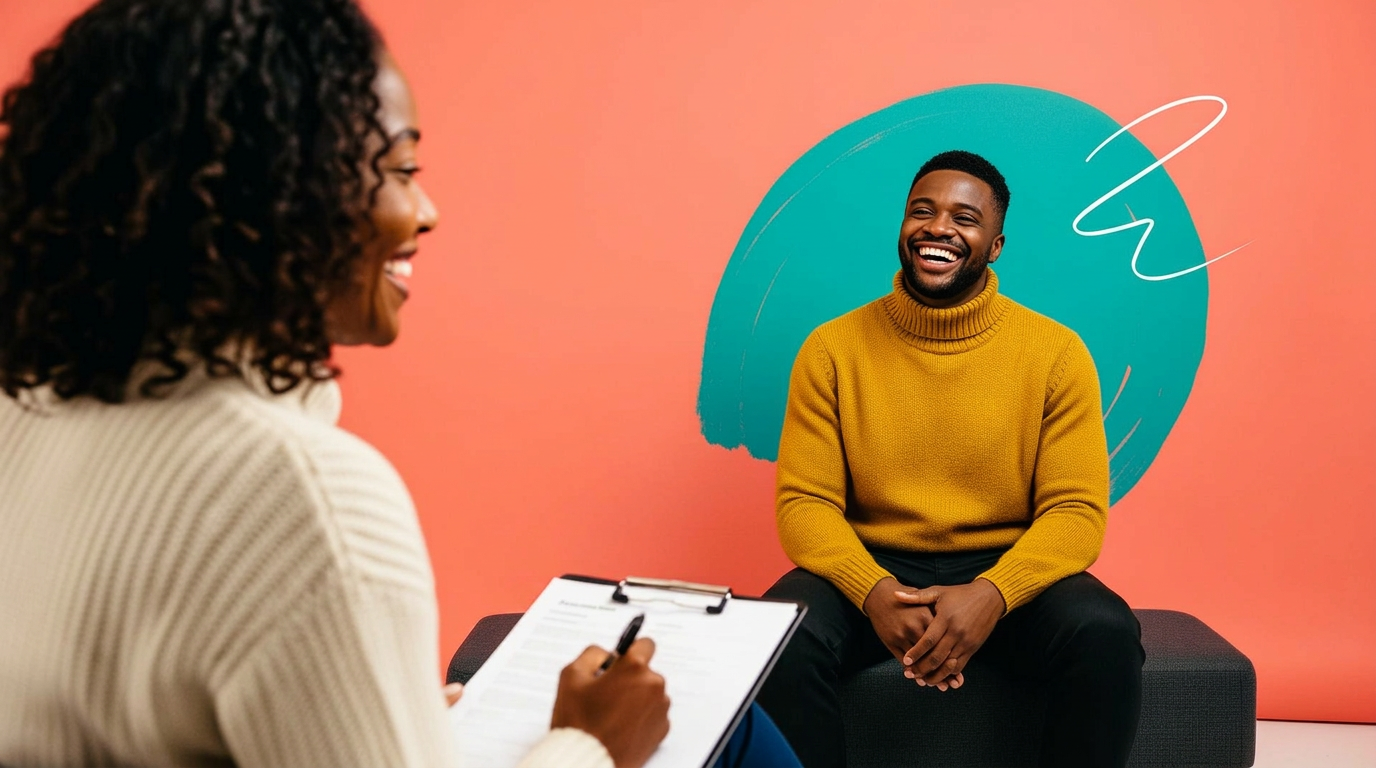 A Black female therapist smiling warmly while talking with a Black male client in a bright modern office