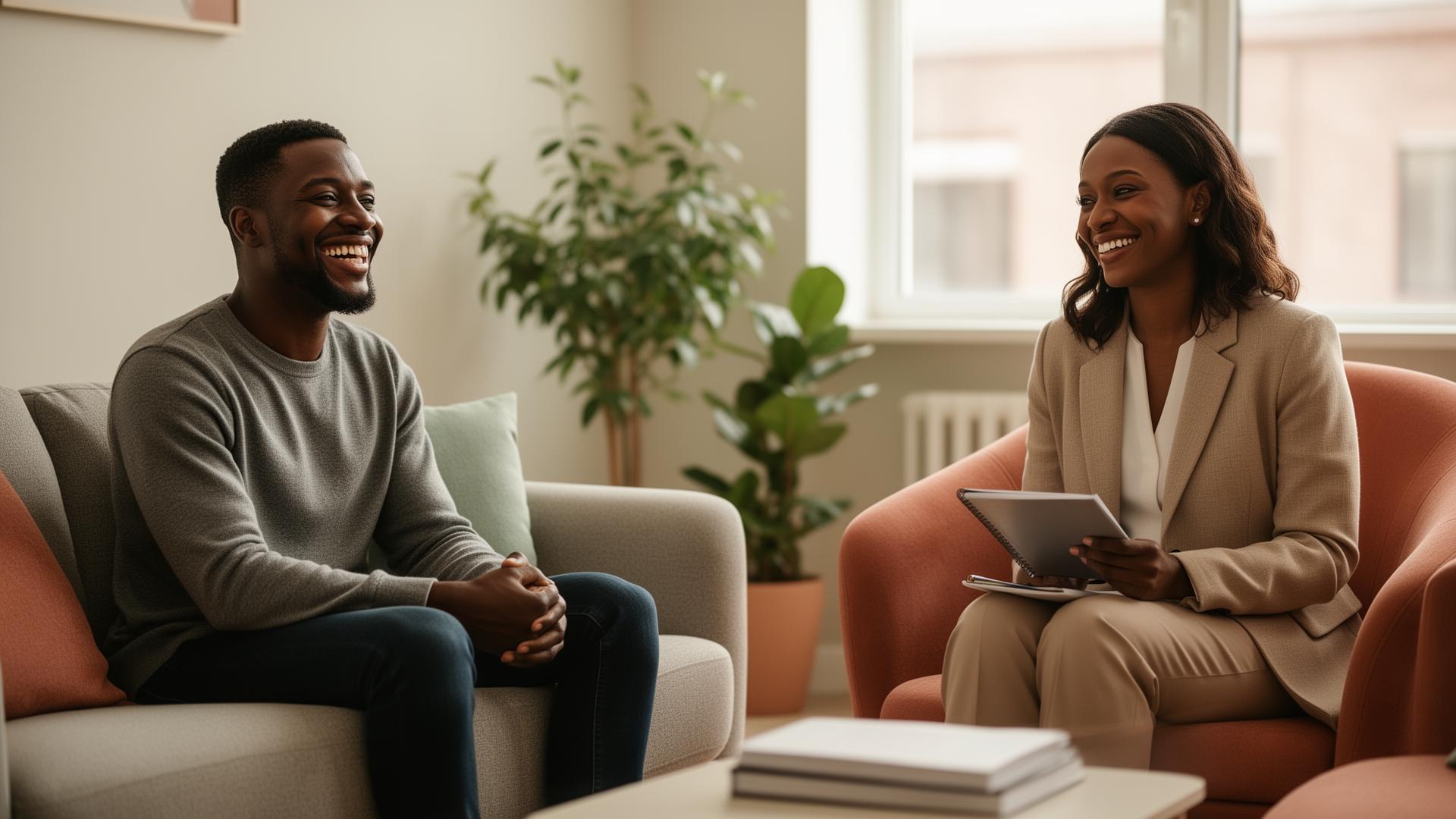A Black female therapist smiling warmly while talking with a Black male client in a bright modern office