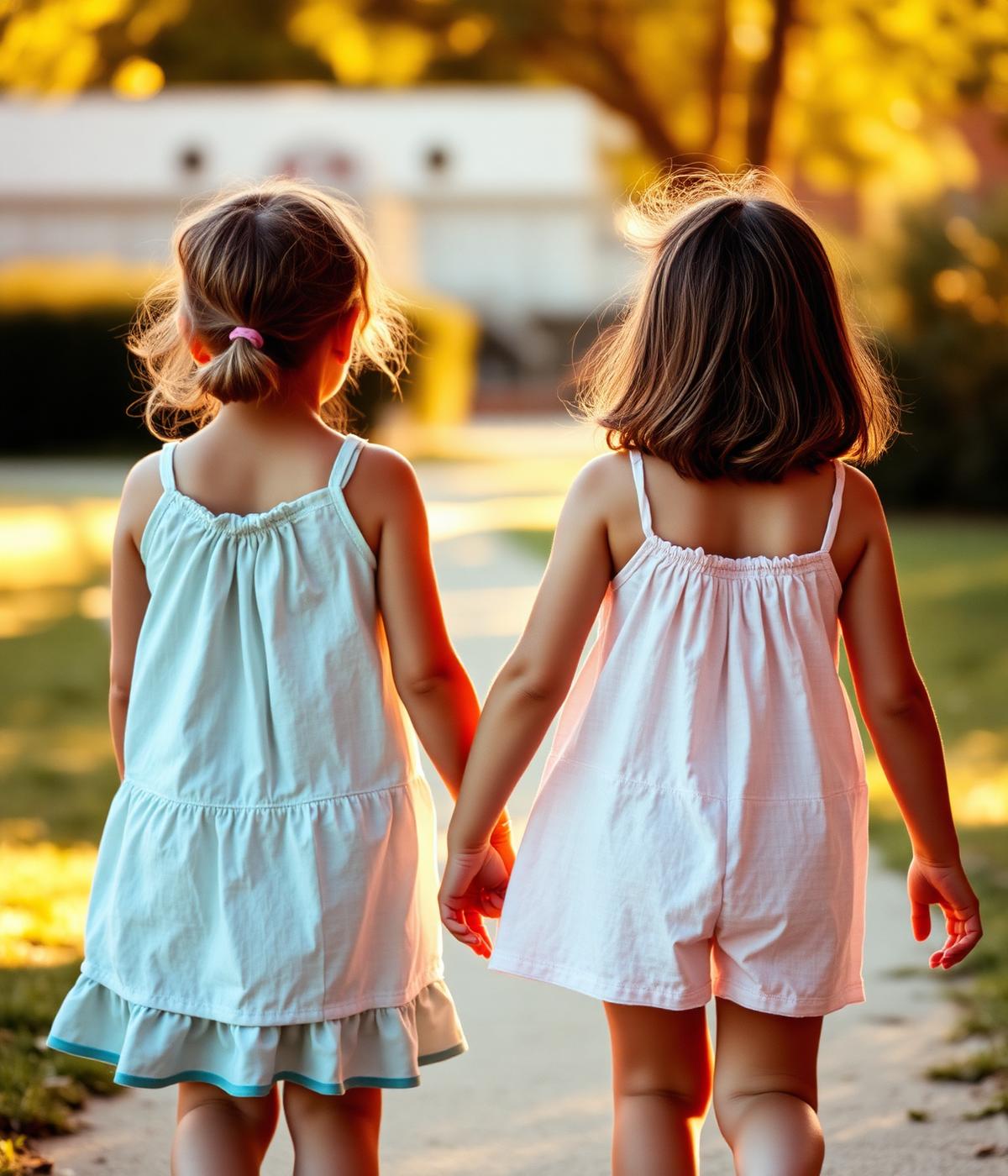 Two young girls holding hands in warm afternoon sunlight