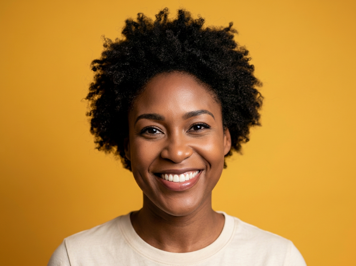 Smiling Black woman on a warm yellow background