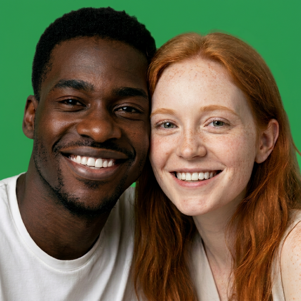 Interracial couple smiling together on a vibrant green background