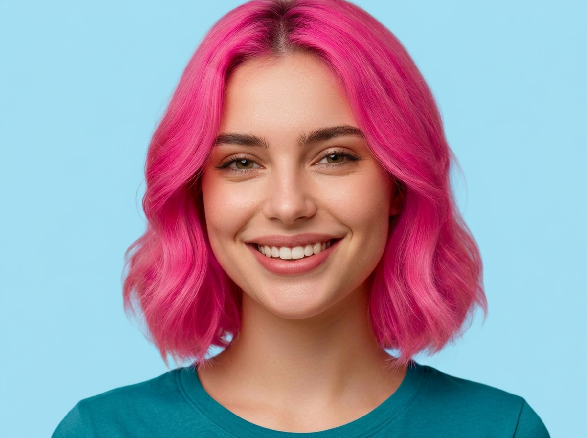 Smiling young woman with vibrant pink hair on a bubble gum blue background
