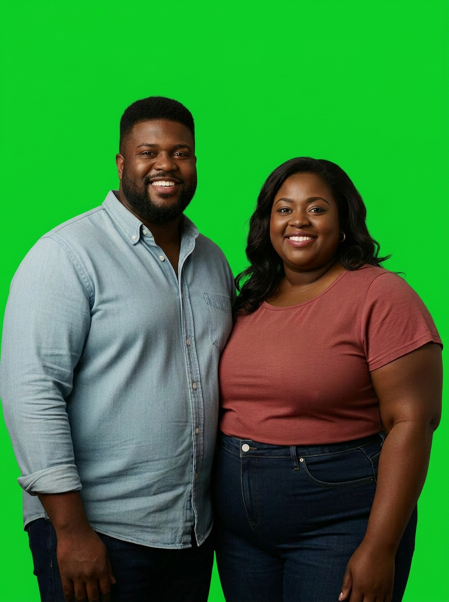 Heavyset modern Black couple in their early 30s on a bright vibrant green background