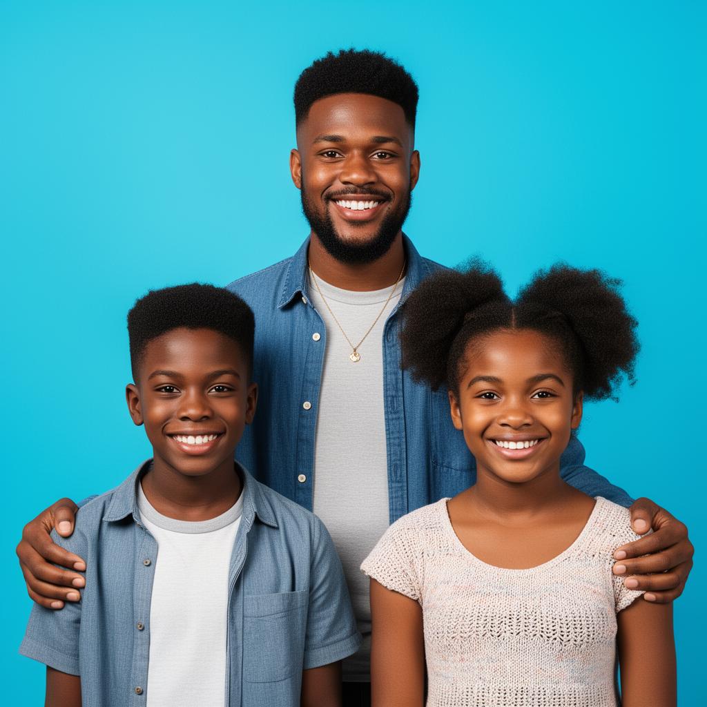Modern young Black father with his preteen son and daughter on a bubble gum blue background