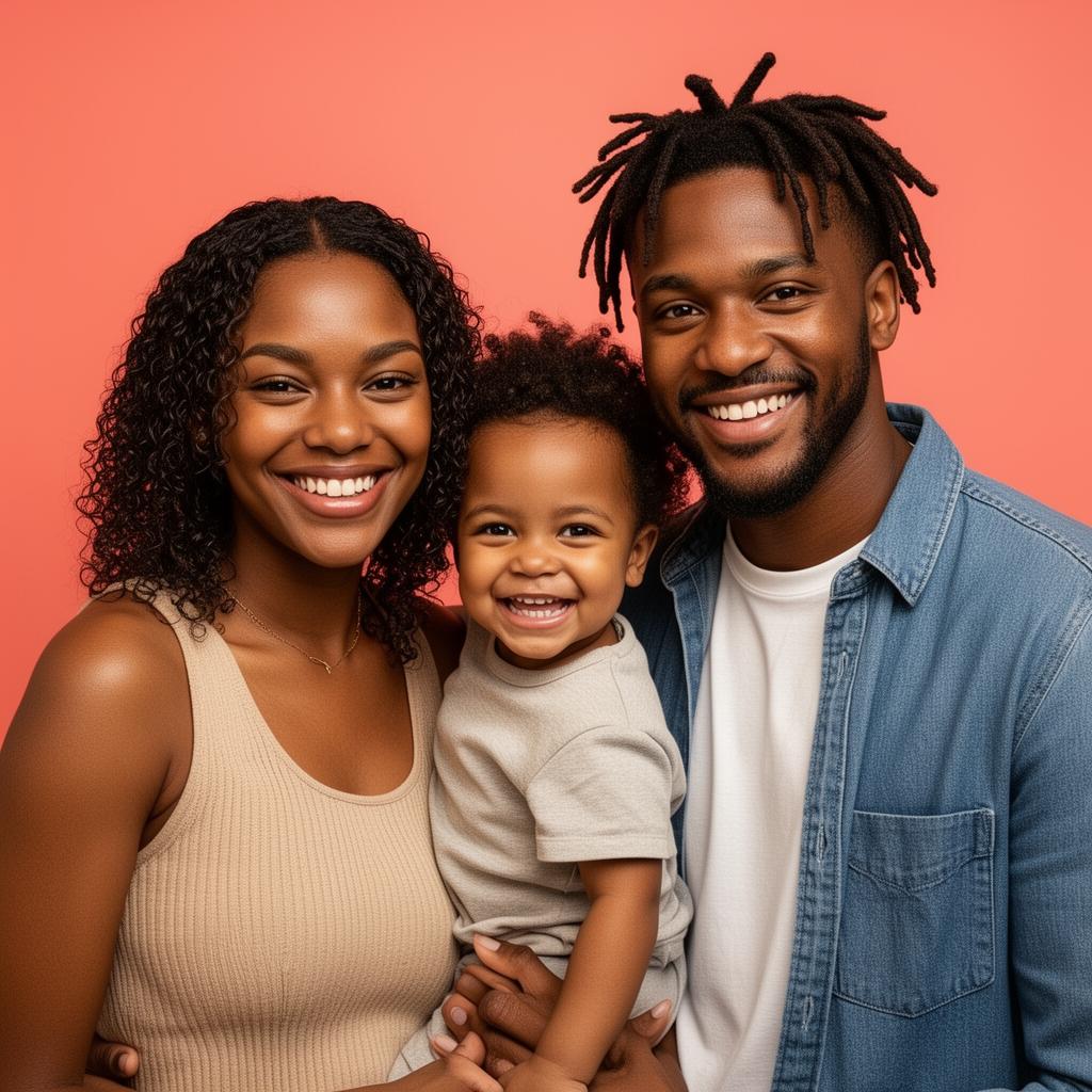 Young contemporary Black family with their toddler on a bold coral background
