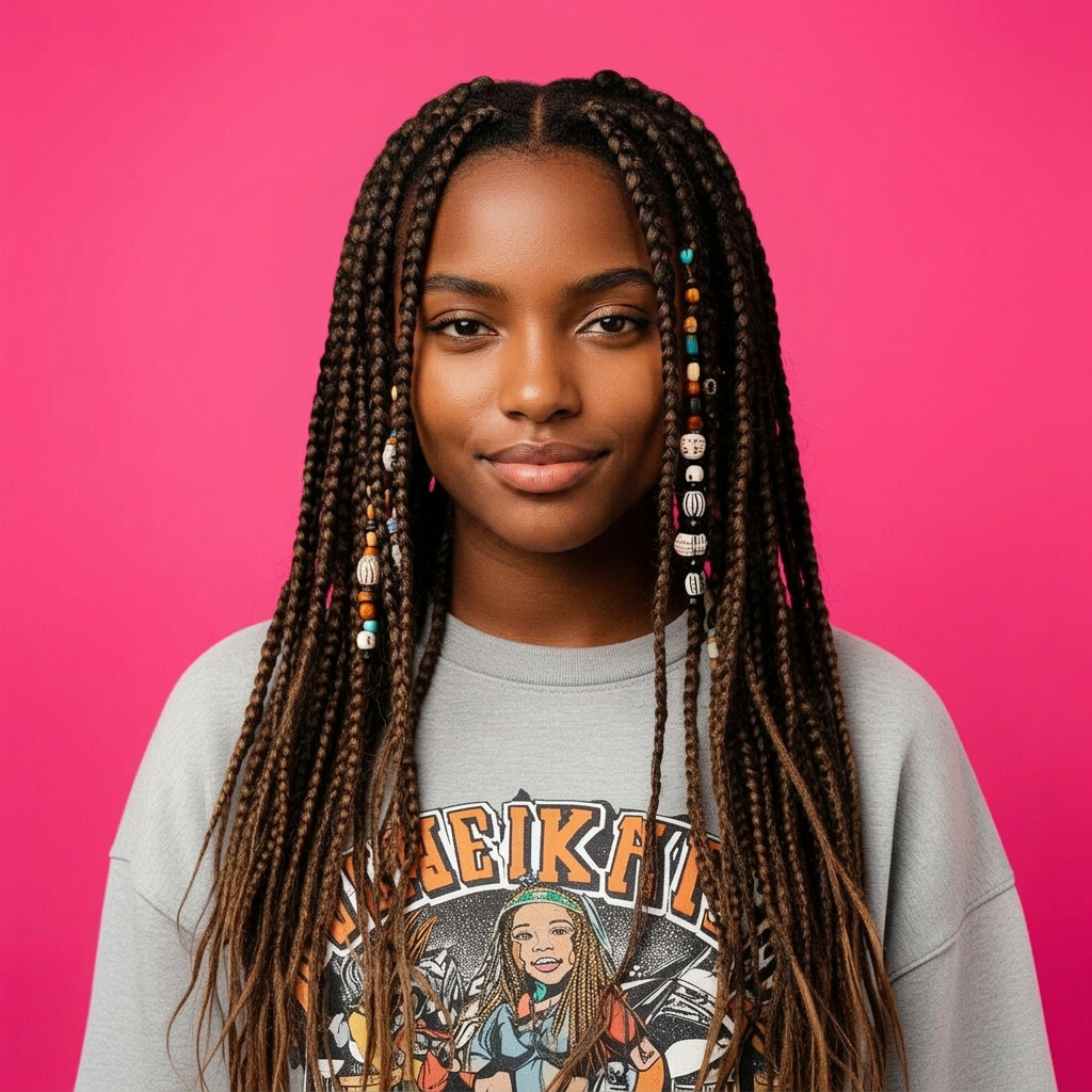 Older Black high school teenage girl with boho braids on a bubble gum pink background