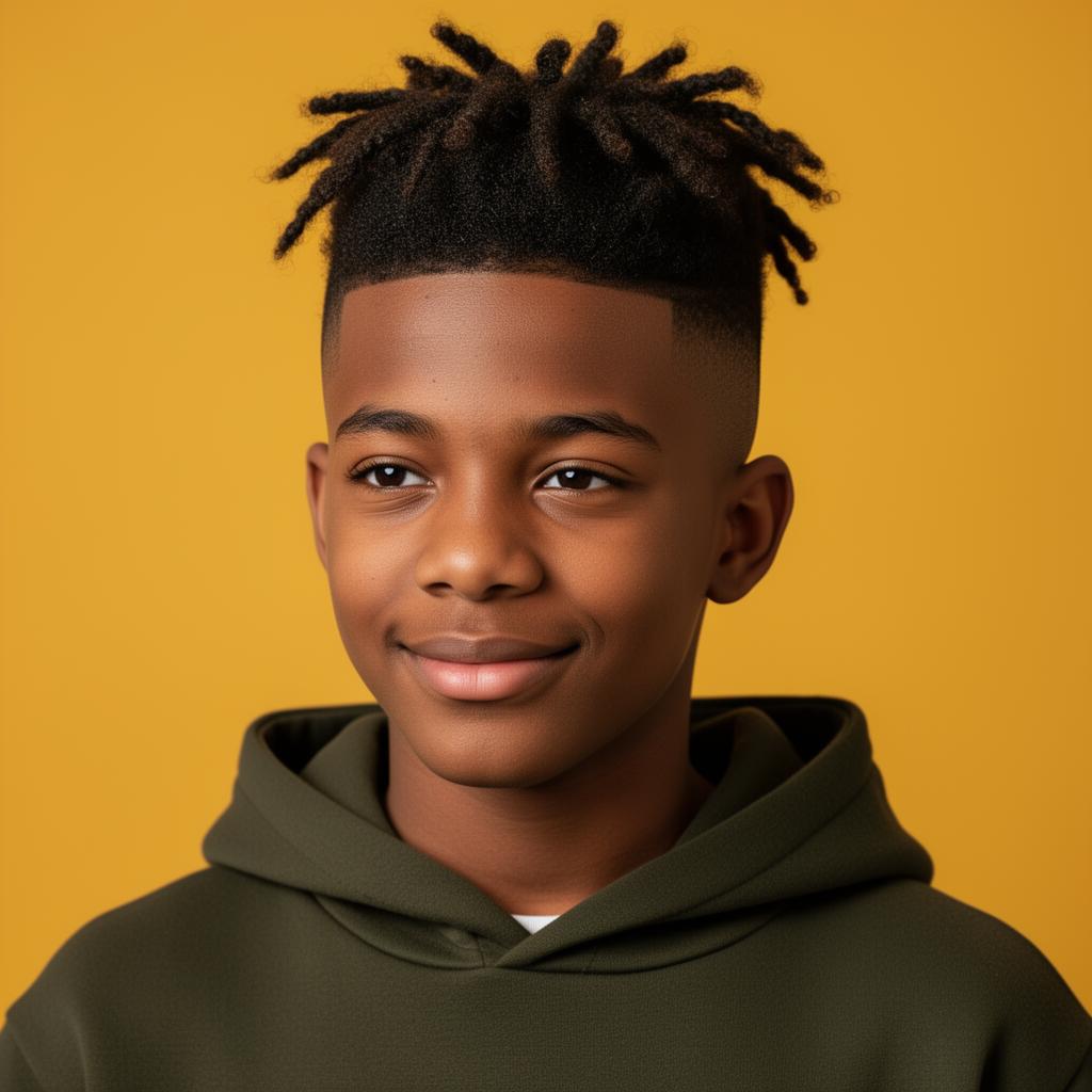 Modern Black adolescent boy in an olive hoodie on a bold mustard background