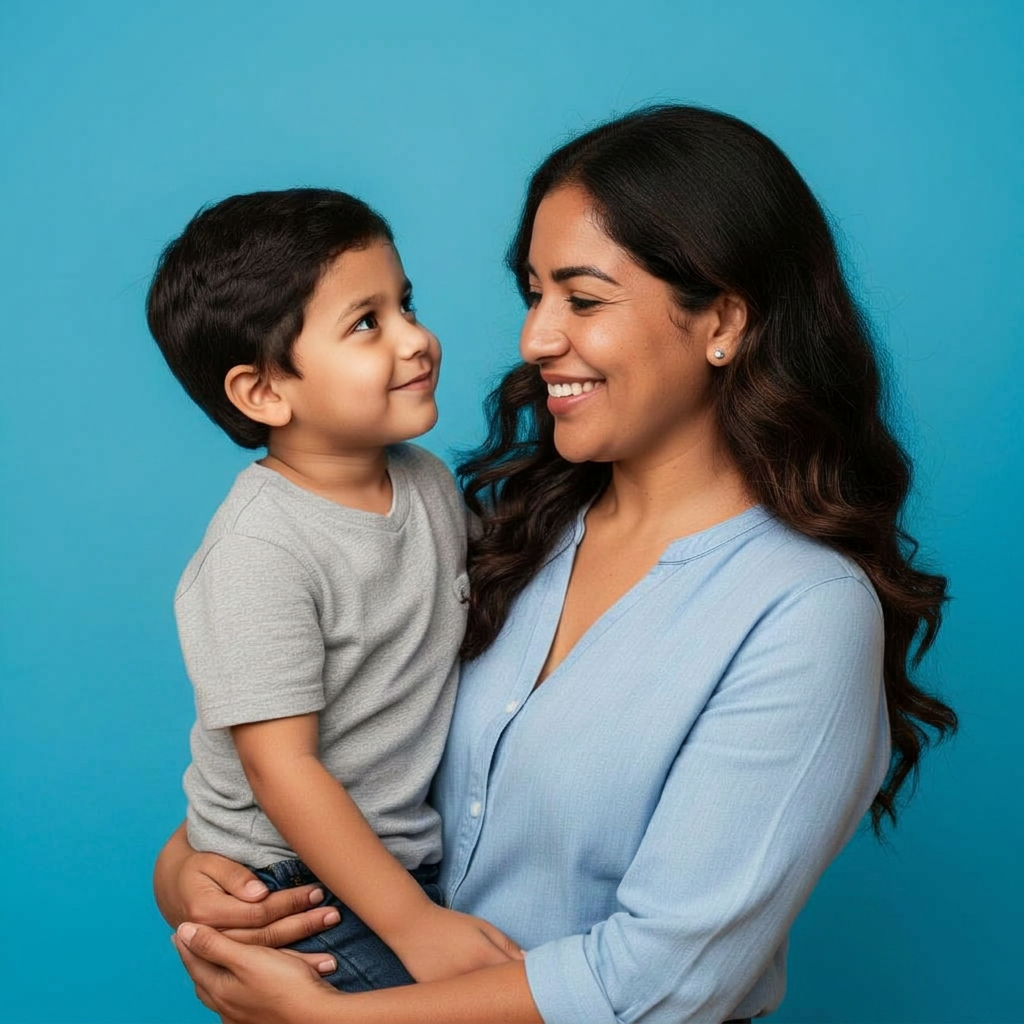 Hispanic mother holding her young son against a bubble gum blue background