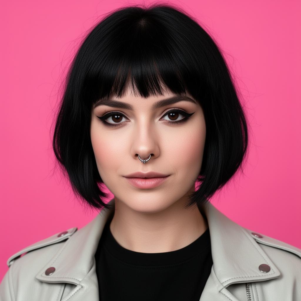 Modern stud with short black hair and a small septum ring on a bubble gum pink background