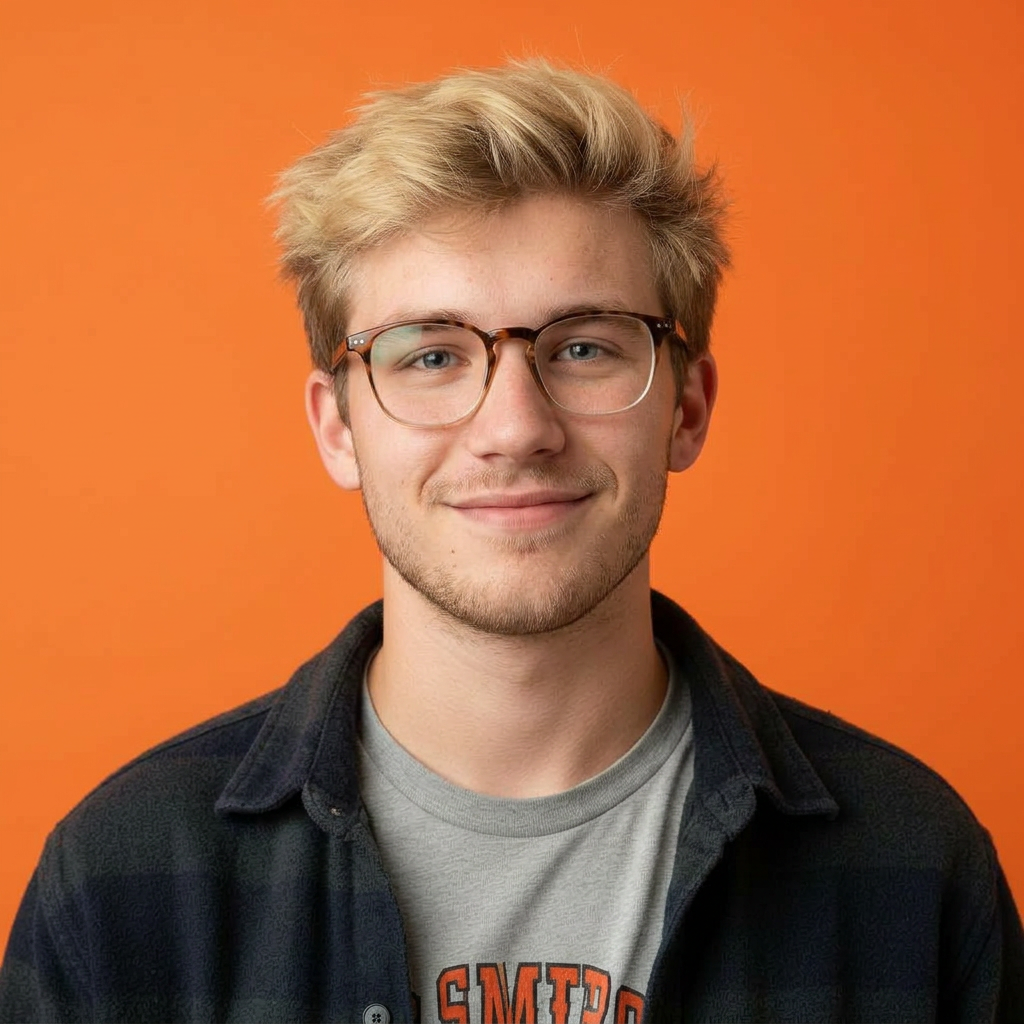 Nerdy blond white male college student in his early 20s on a bold orange background