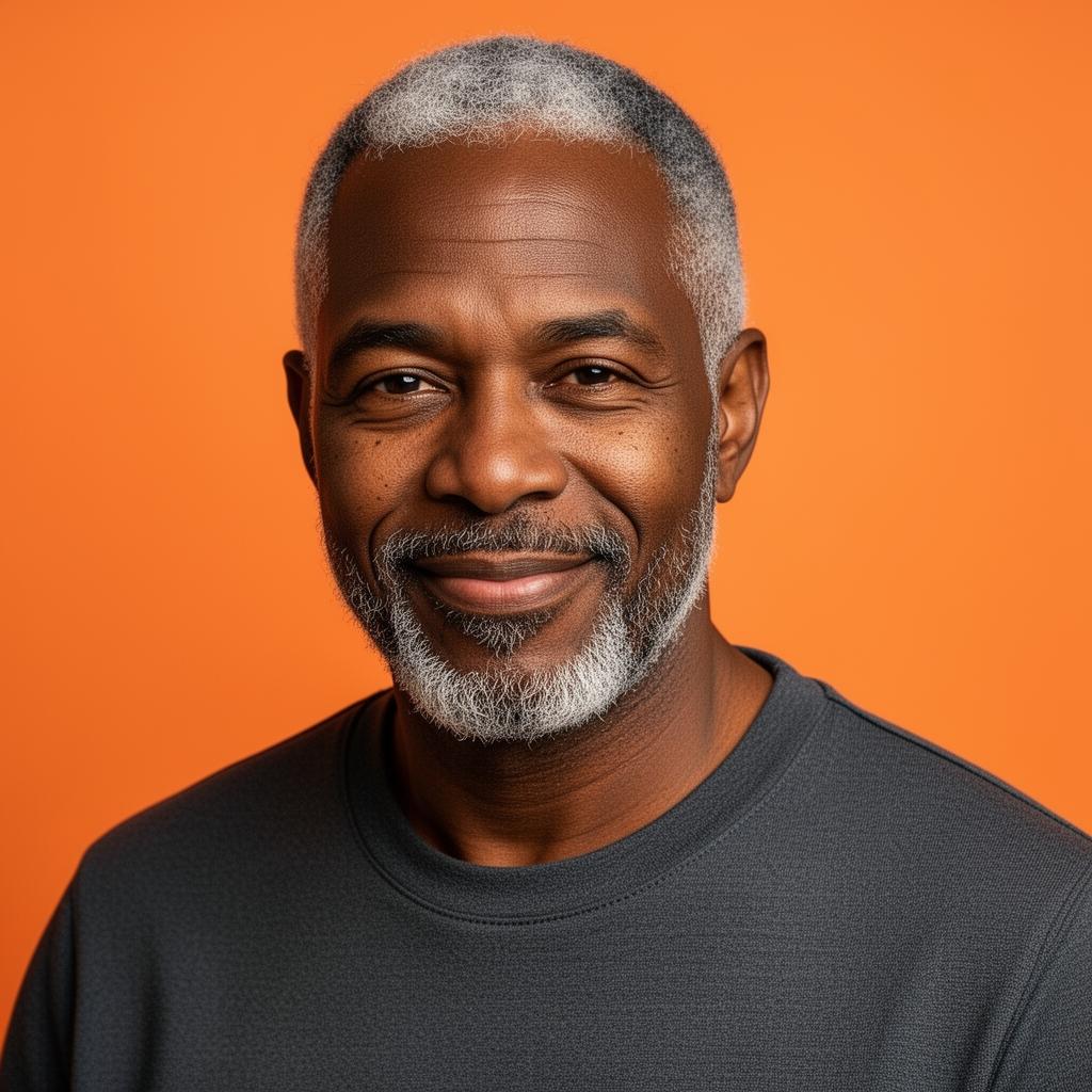 Modern Black man in his 50s with salt-and-pepper hair and beard on a vibrant tangerine orange background