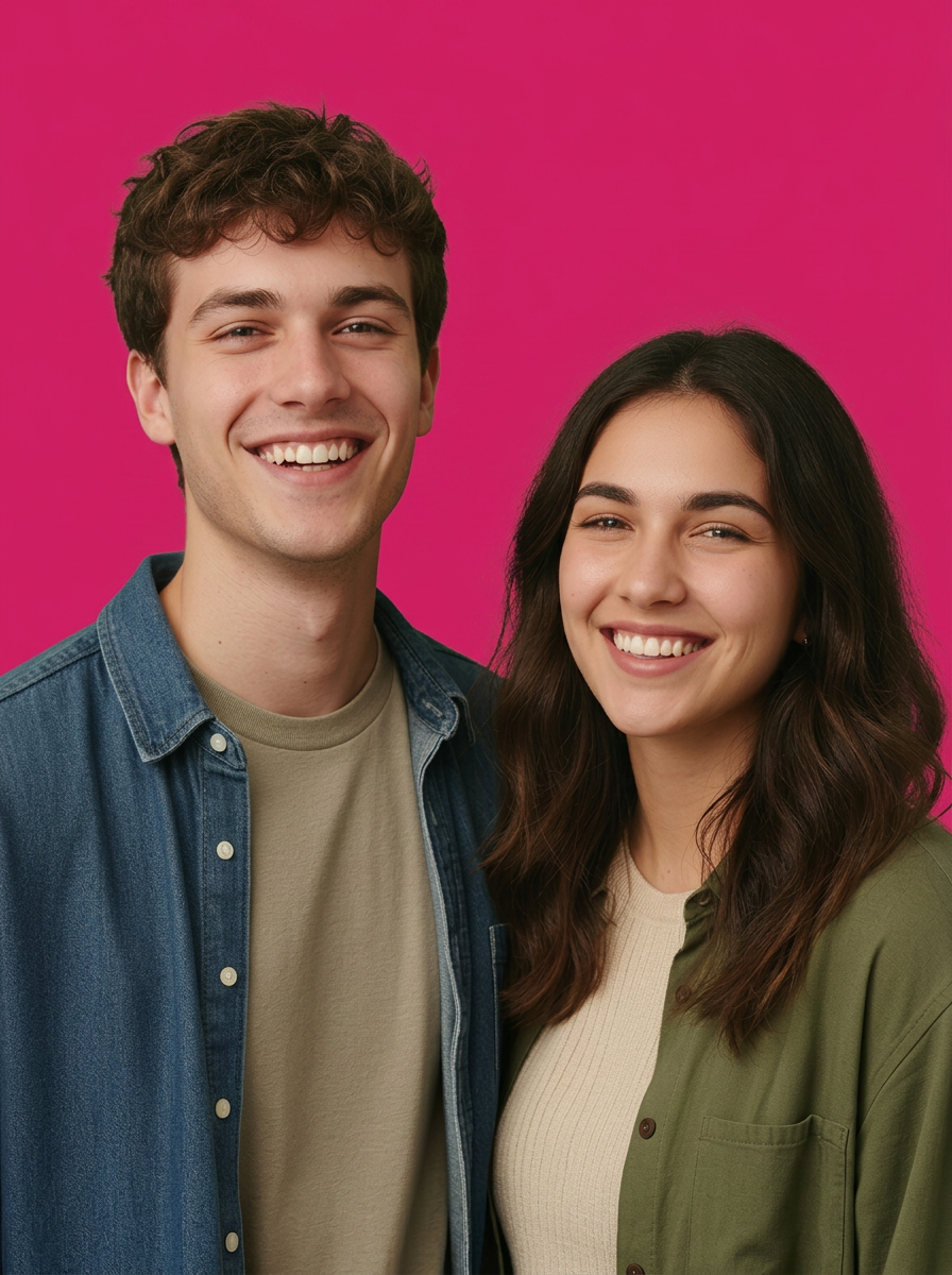 Modern white couple in their early 20s on a vibrant fuchsia background