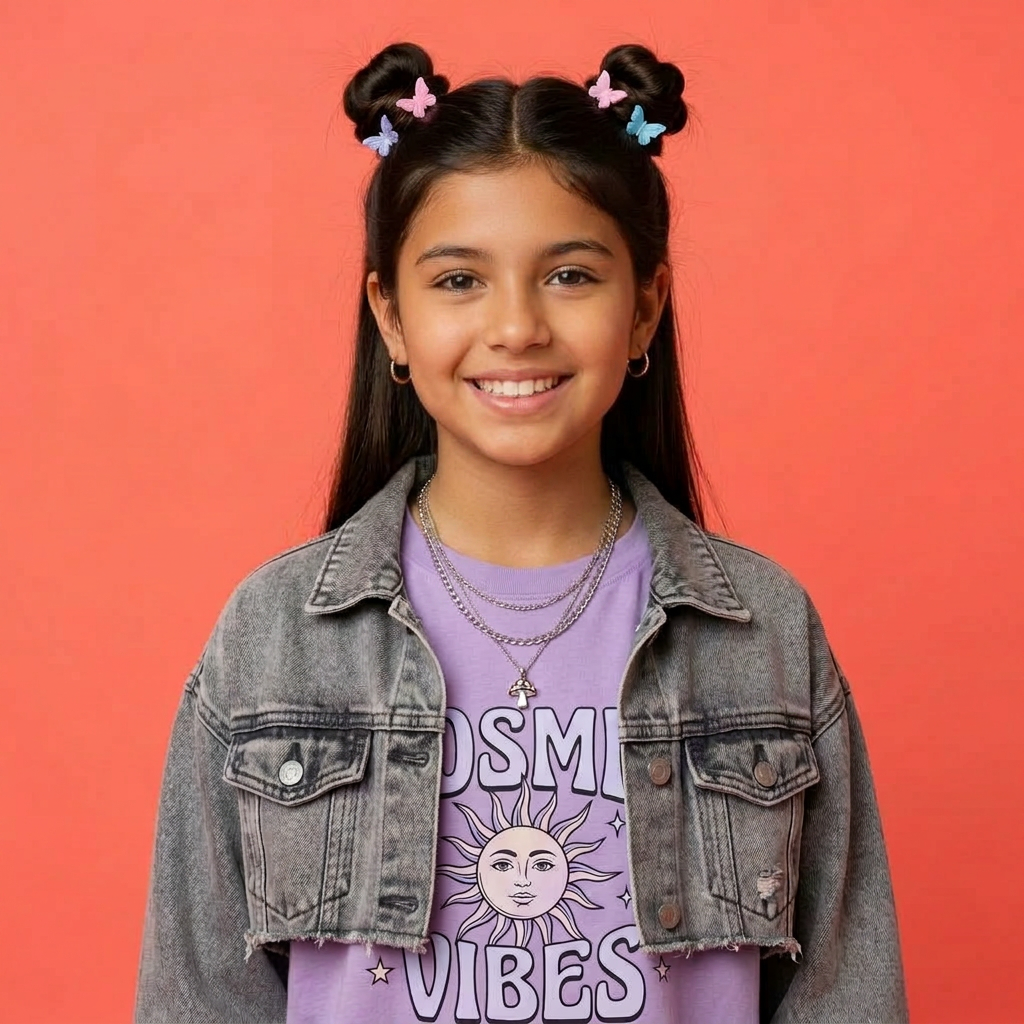 Modern Hispanic preteen girl on a bold coral background