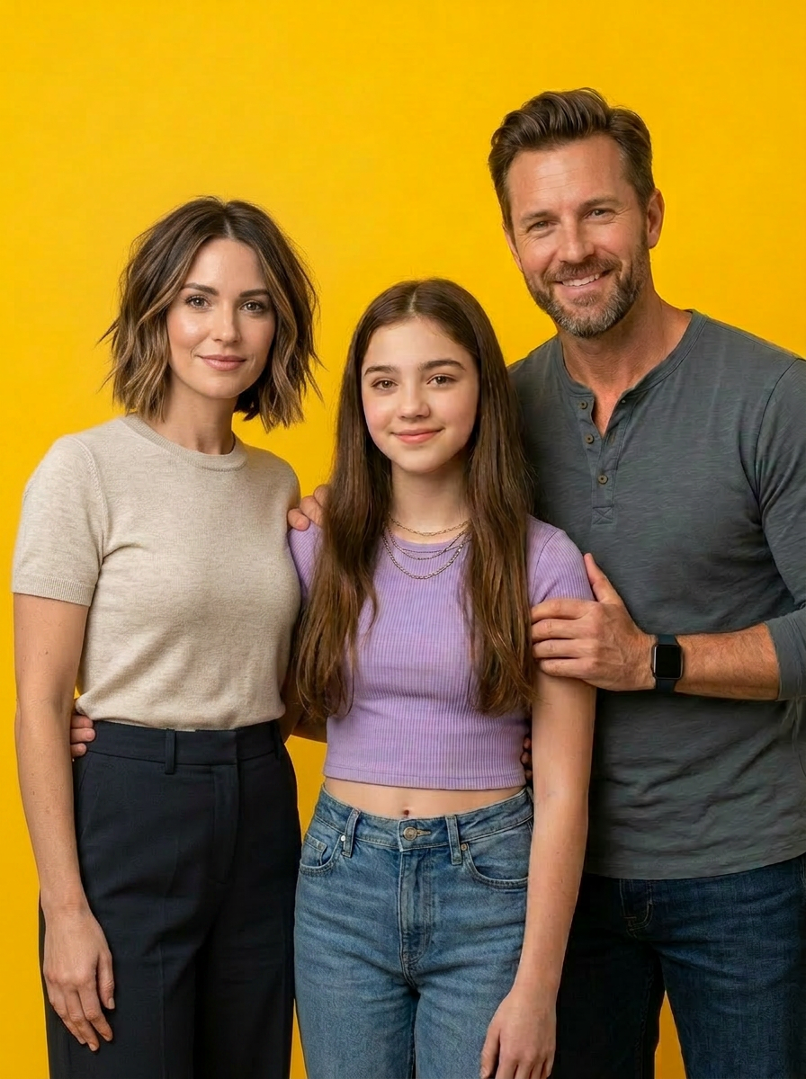 Modern white family of three—mom, dad, and teenage daughter—on a sunny yellow background