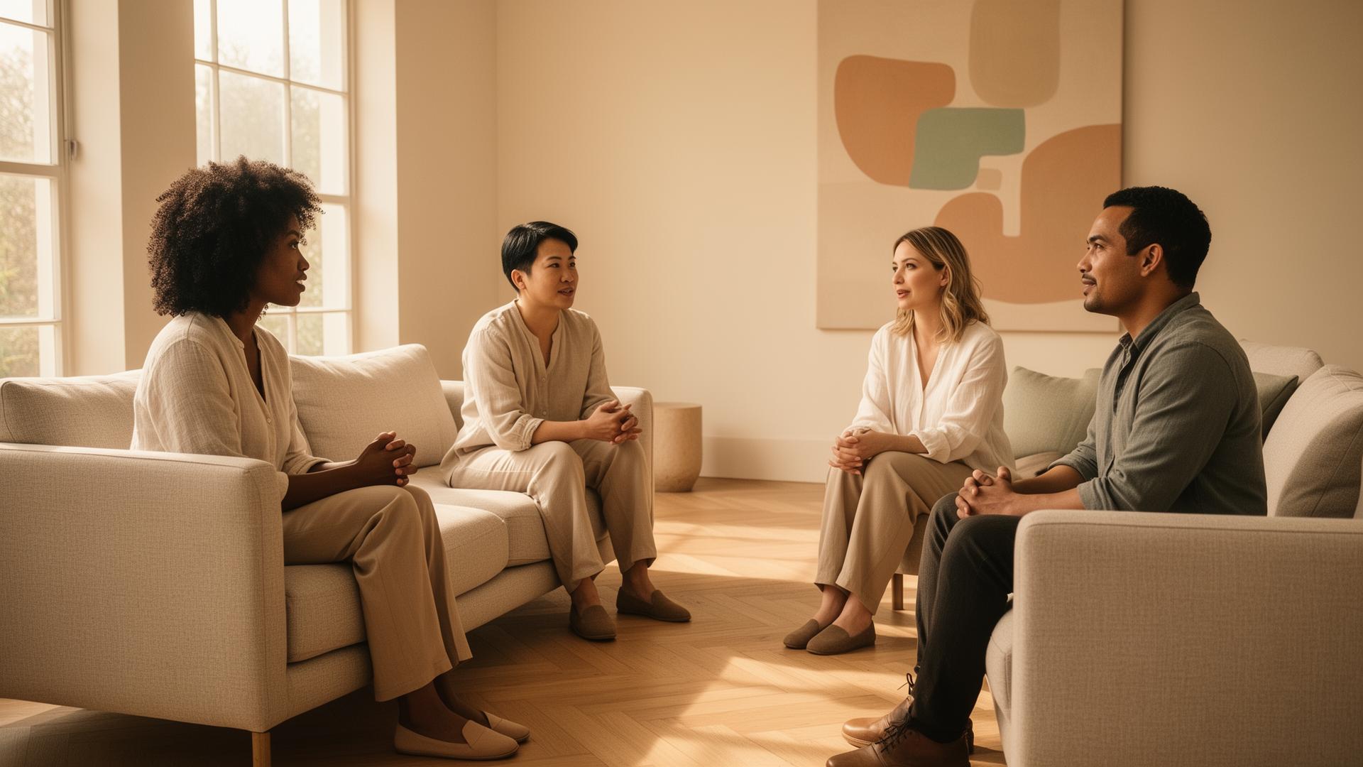 Intimate boutique group therapy session with diverse adults in a warm modern counseling room