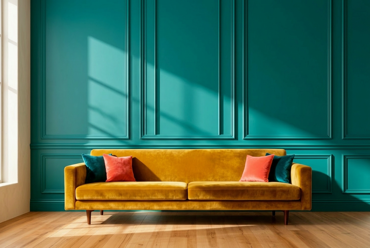 A mustard yellow velvet sofa in a bright editorial studio