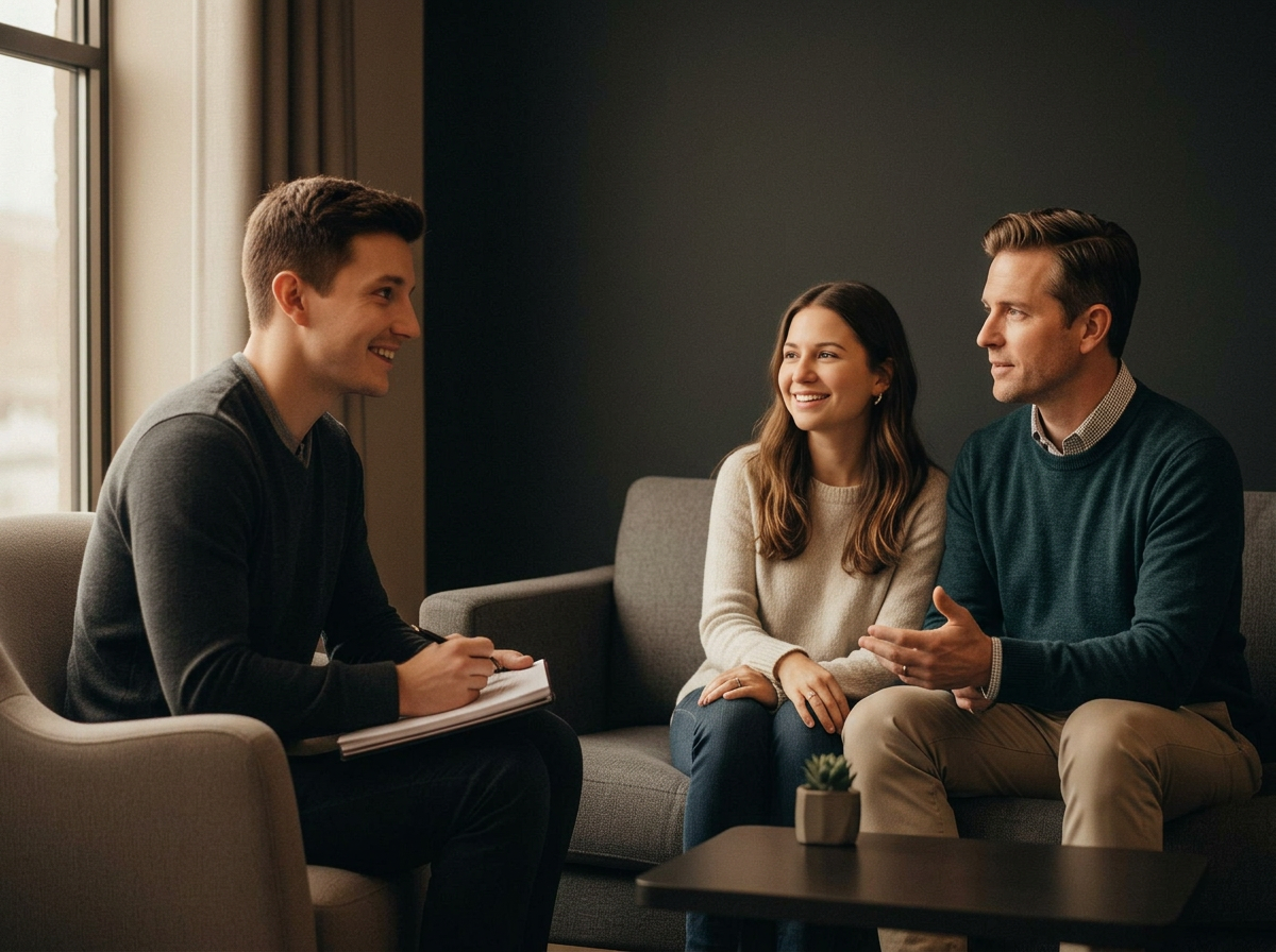 Therapist in a warm, professional office setting