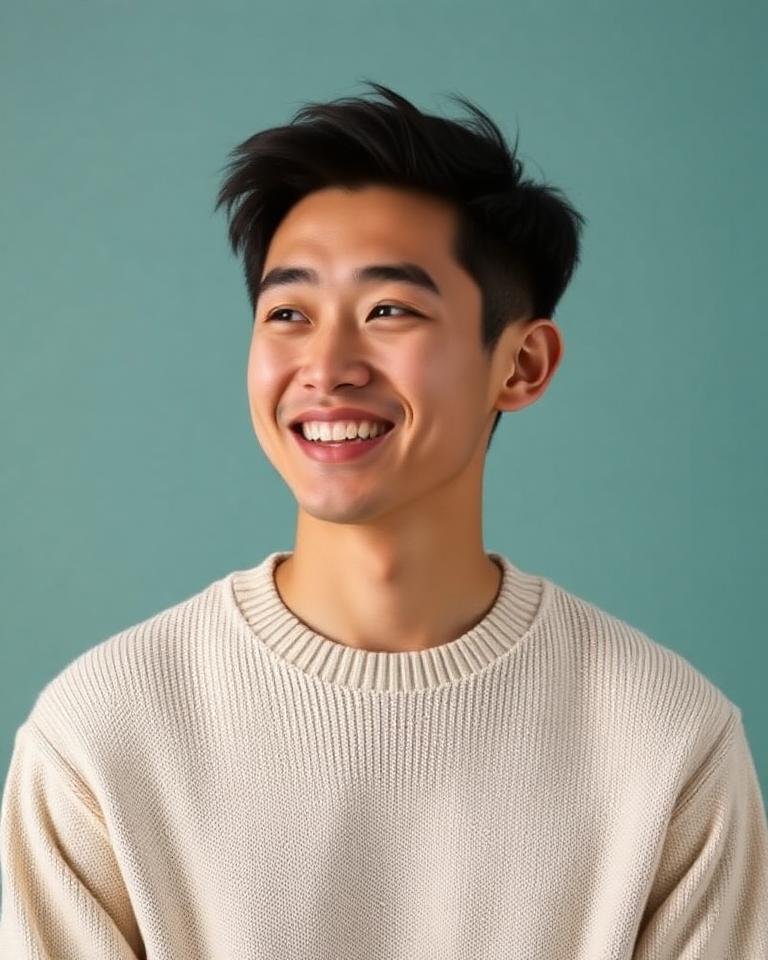 Young Asian man smiling on a soft teal background