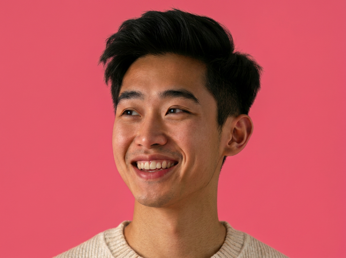 Young Asian man smiling on a warm pink background