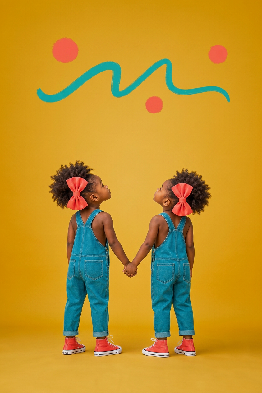 Two young girls in teal overalls holding hands and looking upward