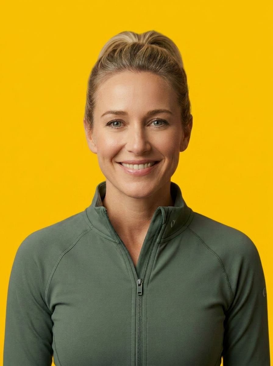 Modern soccer mom in athletic wear with a high ponytail on a bright yellow background