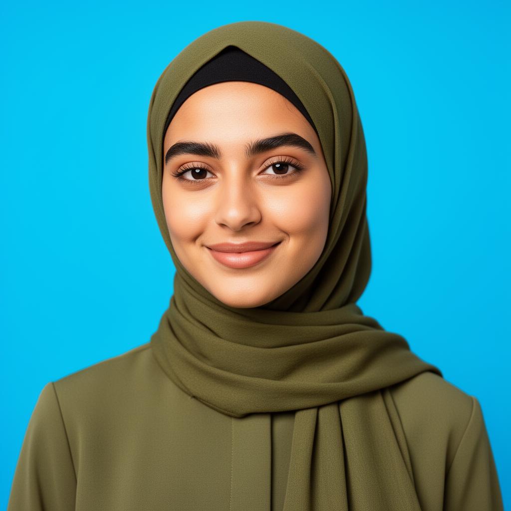 Modern young Middle Eastern woman wearing a hijab on a bubble gum blue background