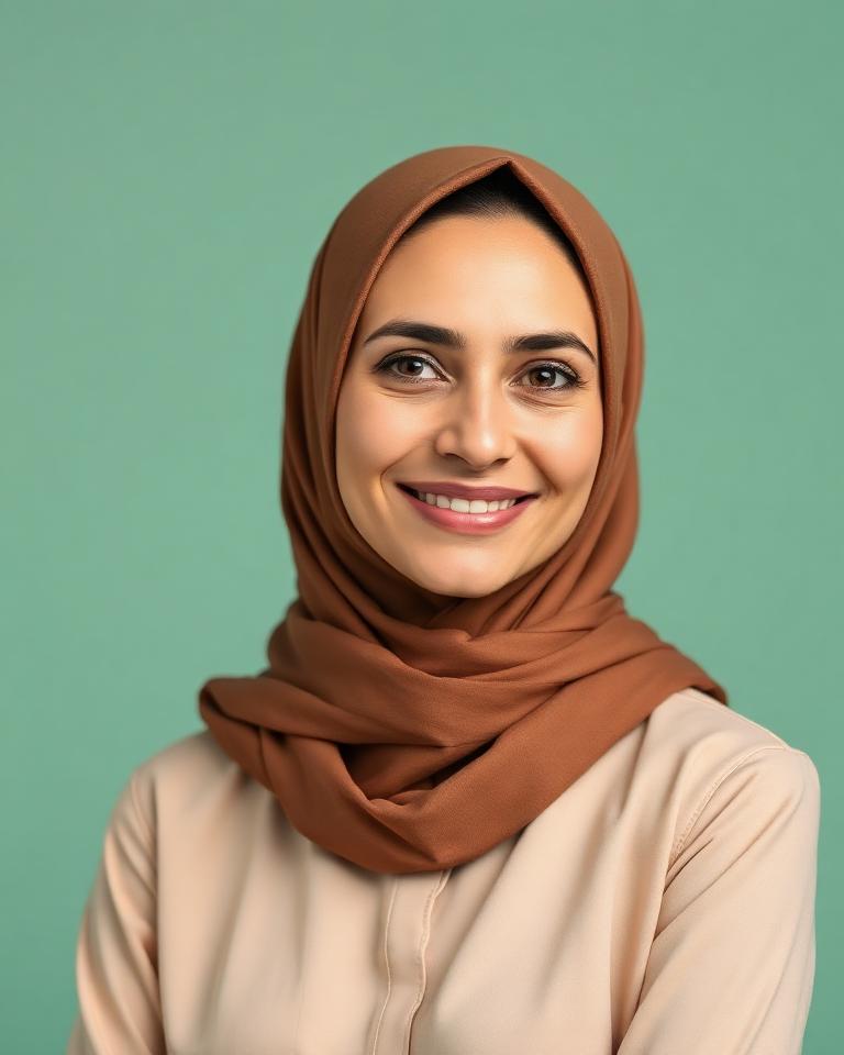 Middle Eastern woman with hijab on a muted sage background