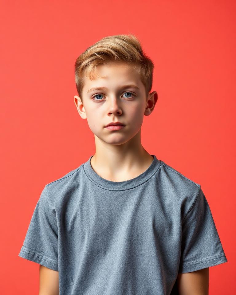 Teenage boy on a muted coral background