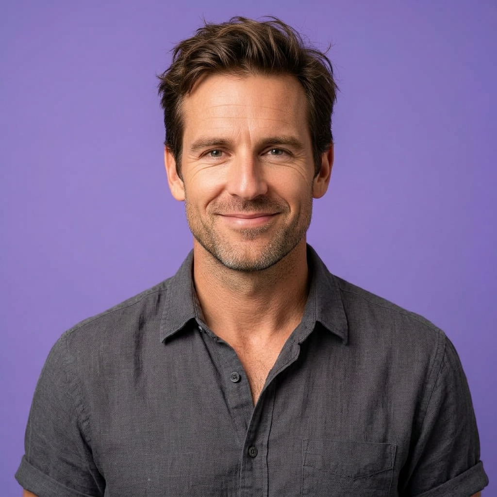 Relaxed everyday white man in his 40s on a bold lavender background