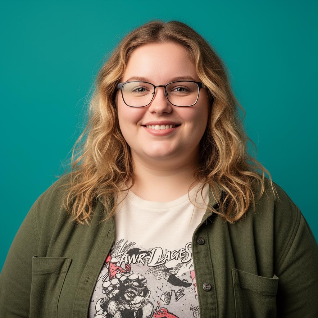 Heavy-set white woman in her early 20s with glasses on a bold teal background