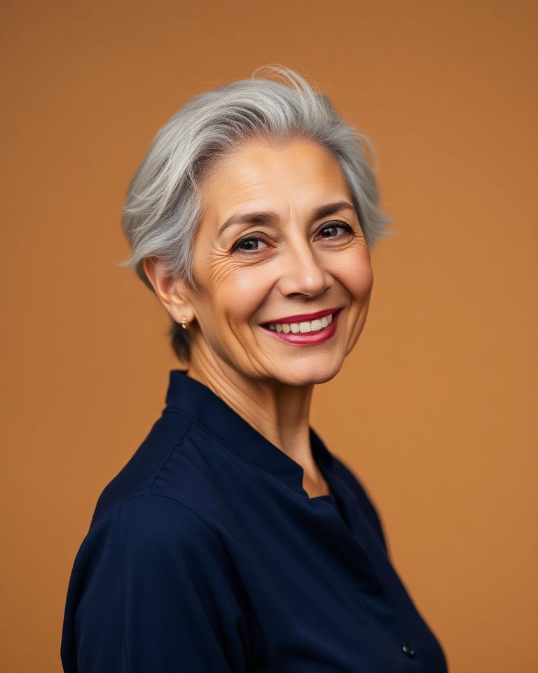 Older Latina woman on a muted gold background