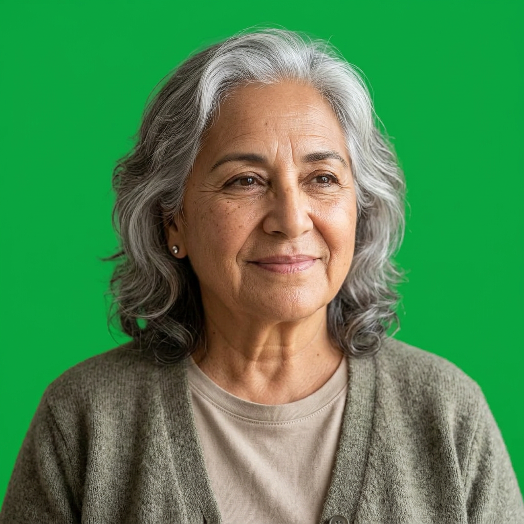 Older Latina grandmother on a vibrant green background